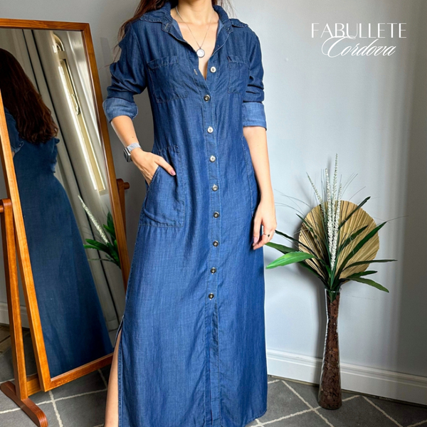 vestilo longo dia a diaVestido Longo Denin com Botões Cordovavestido longo deninvestido longo botõesvestido longo basicovestido longovestido com botõesvestidovestido da modaVestido confortavélvestido feminino