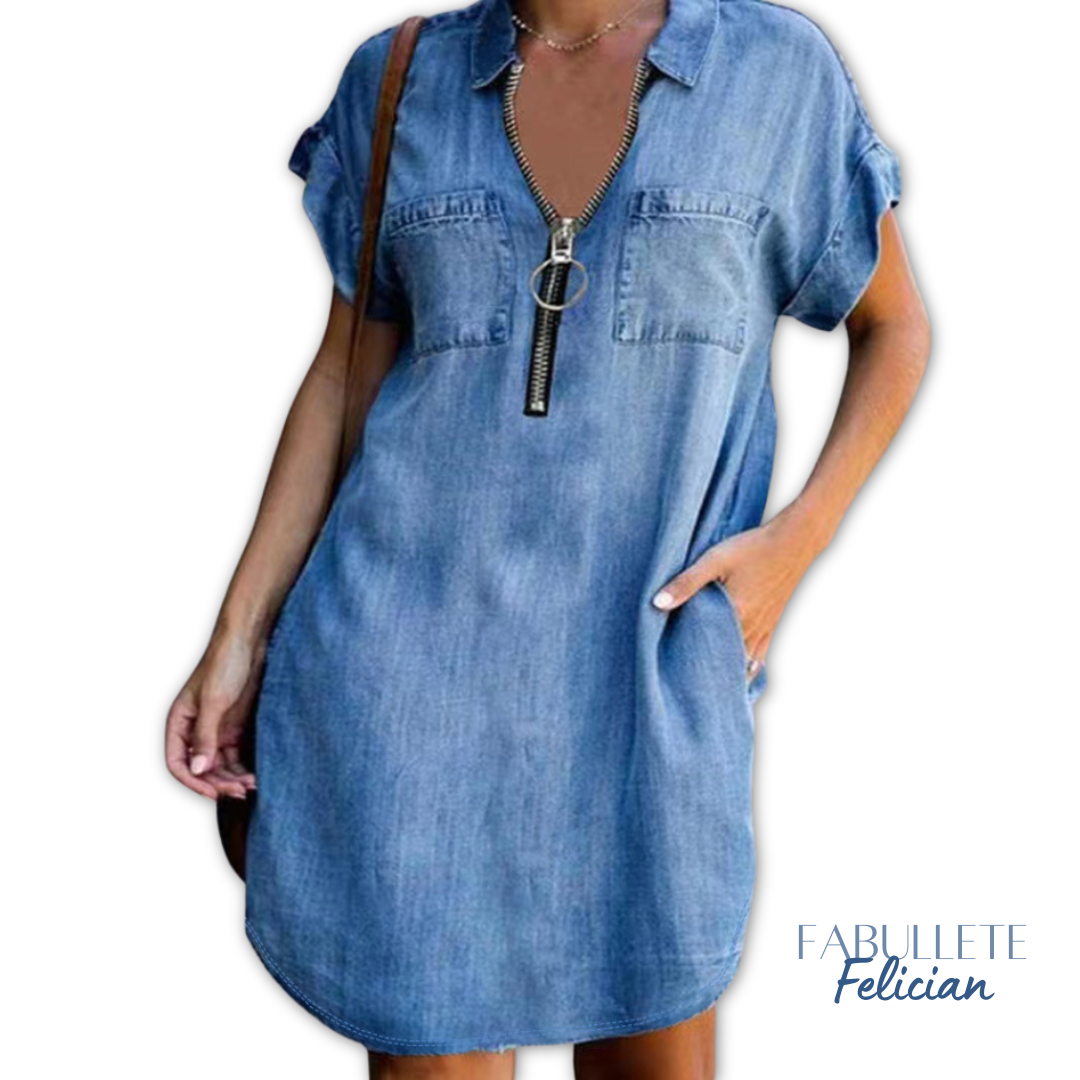 Vestido em Jeans Denim com Zíper Felician