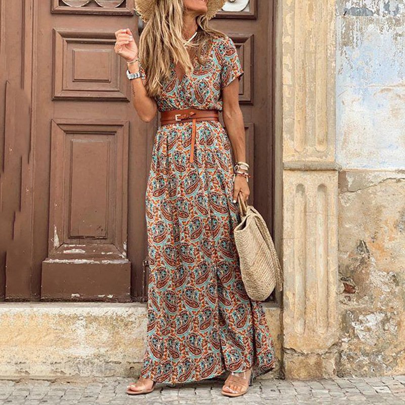 Vestido Boho Chic Vestido Longo Com Cinto Estilo Boho Chic Vestido